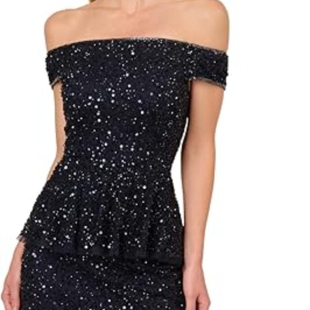 Adrianna Papell Navy Blue Sequin Beaded Mesh Peplum Midi Dress